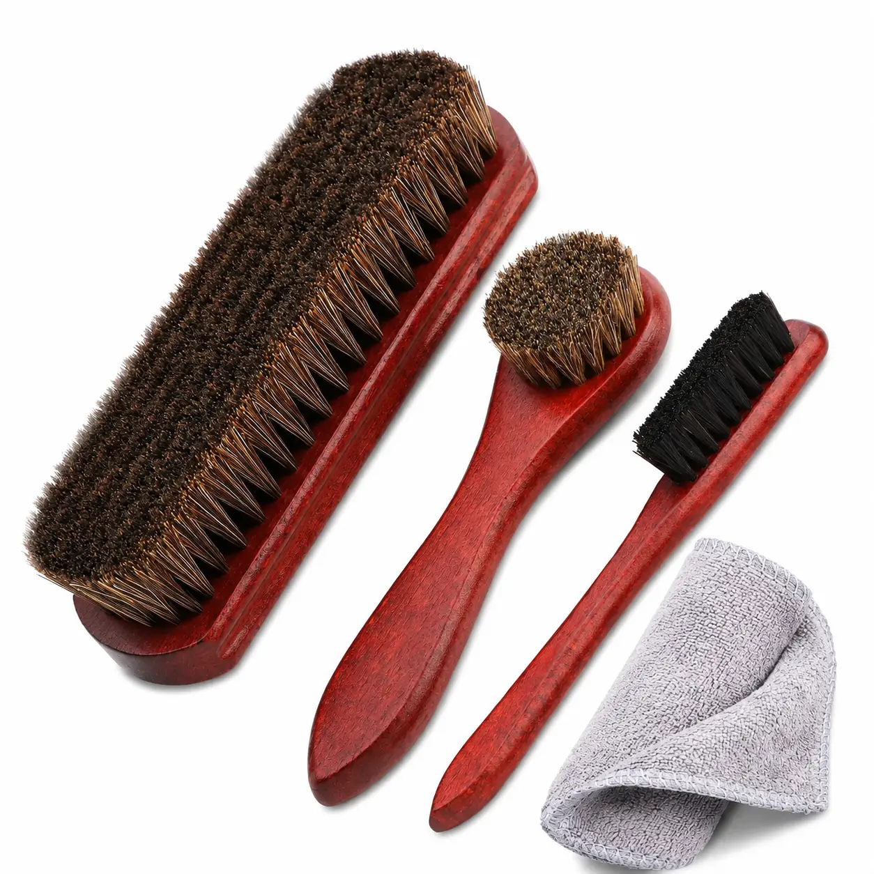 Professional 4-Piece Horsehair Shoe Brush Set for Leather and Suede Care — Includes Polish Daubers, Soft Bristle Brushes, and Premium Microfiber Cloth for Gentle Cleaning, Polishing, and Shine Enhancement