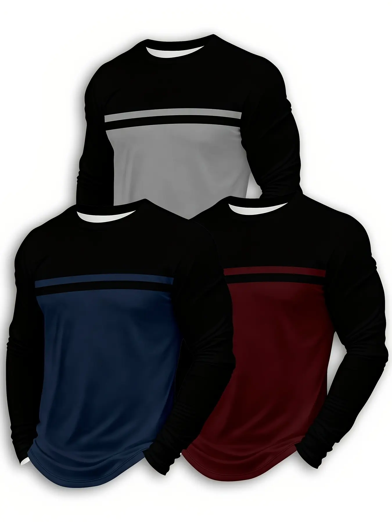 Men's 3-Pack Fashion Casual Round Neck Long Sleeve Shirts, Layered Essentials, Breathable Fabric, Office & Street Style