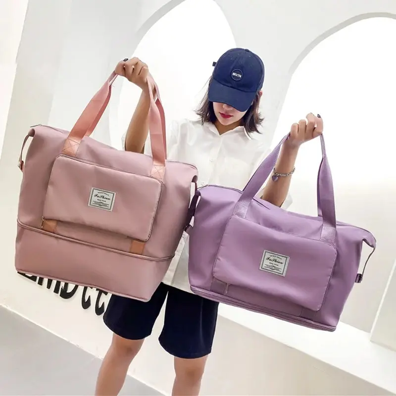 Foldable Travel Bag, Stretchable Large Capacity Gym Bags, Nylon Waterproof, Double Layer Zipper, Hangbag Luggage Organizer Tote, Travel Folding Bag
