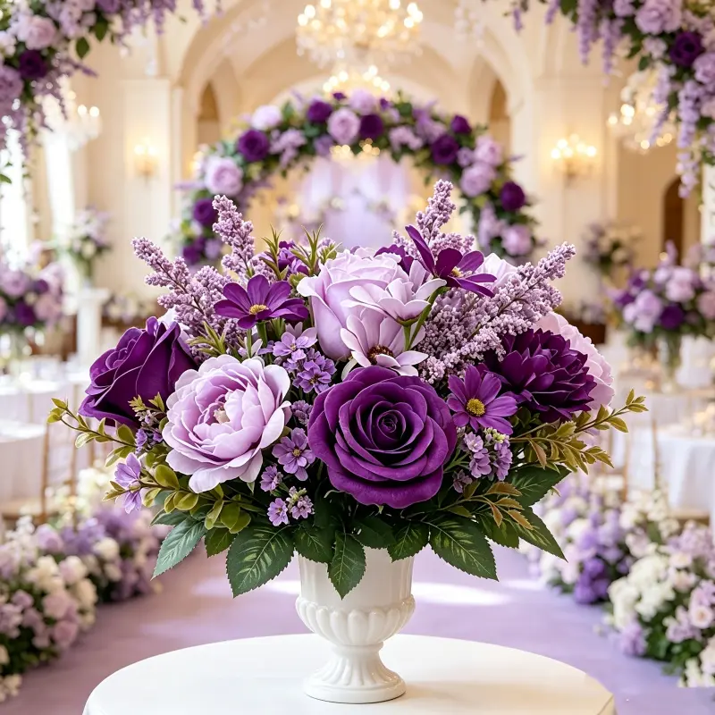 2 bunches of artificial flowers, including purple fake roses, daisies, and chrysanthemums. Maintenance-free faux floral arrangements, perfect for living rooms, offices, parties, and wedding decorations. Vase not included.