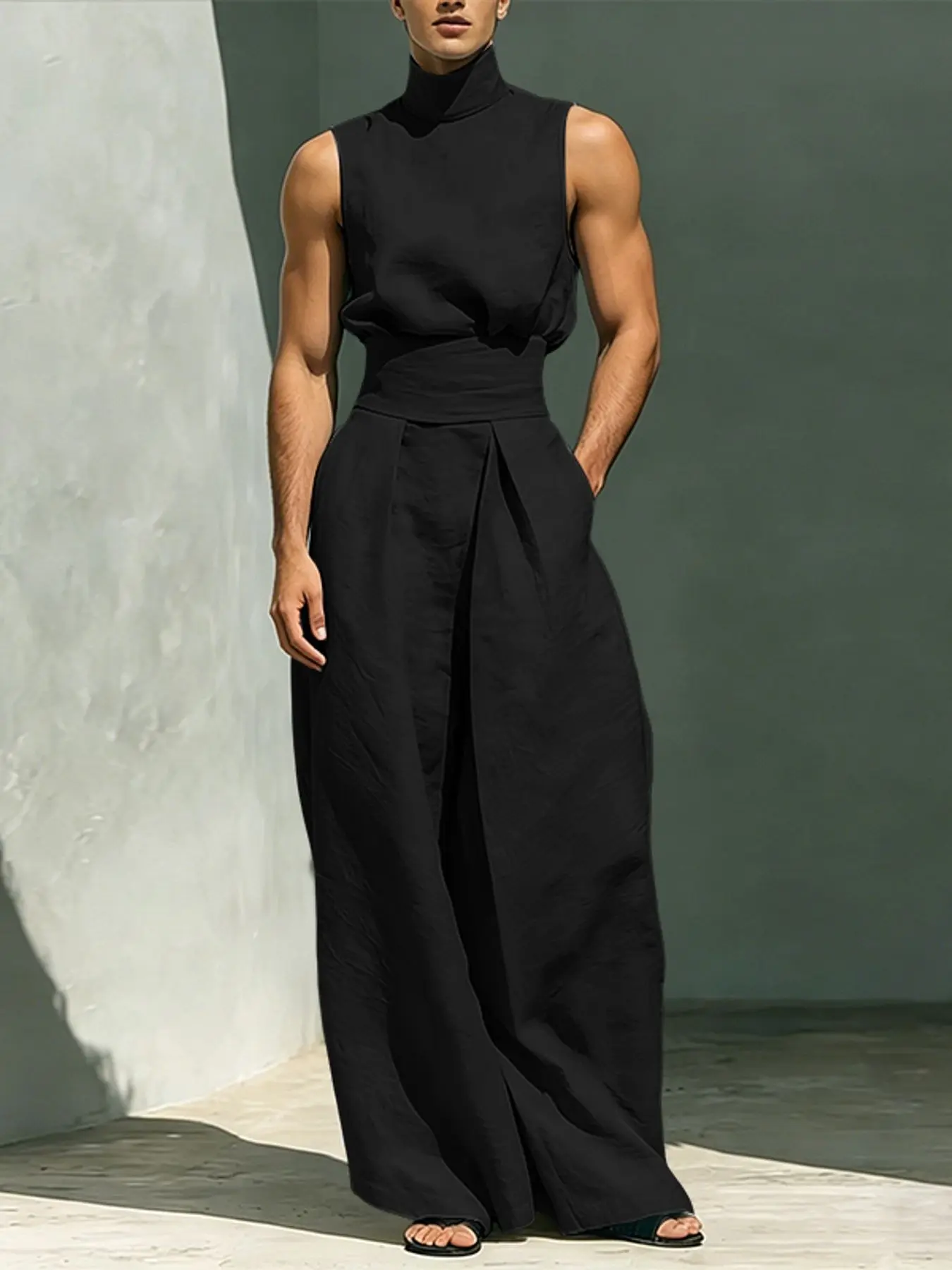 INCERUN Men's Fashion Casual Set, Solid Texture Sleeveless Top + Elastic Waist Pants with Pockets, Two-Piece for Daily Wear