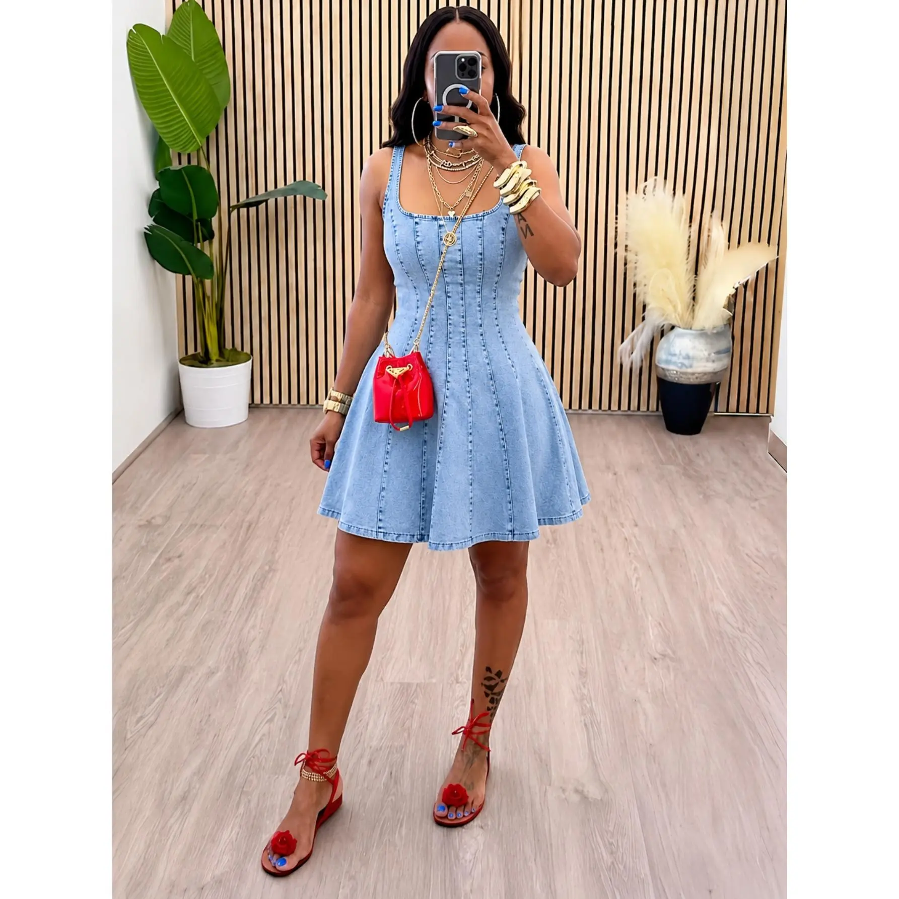 Women's denim dress, retro and old niche slim-fitting splicing washed skirt with neck sling