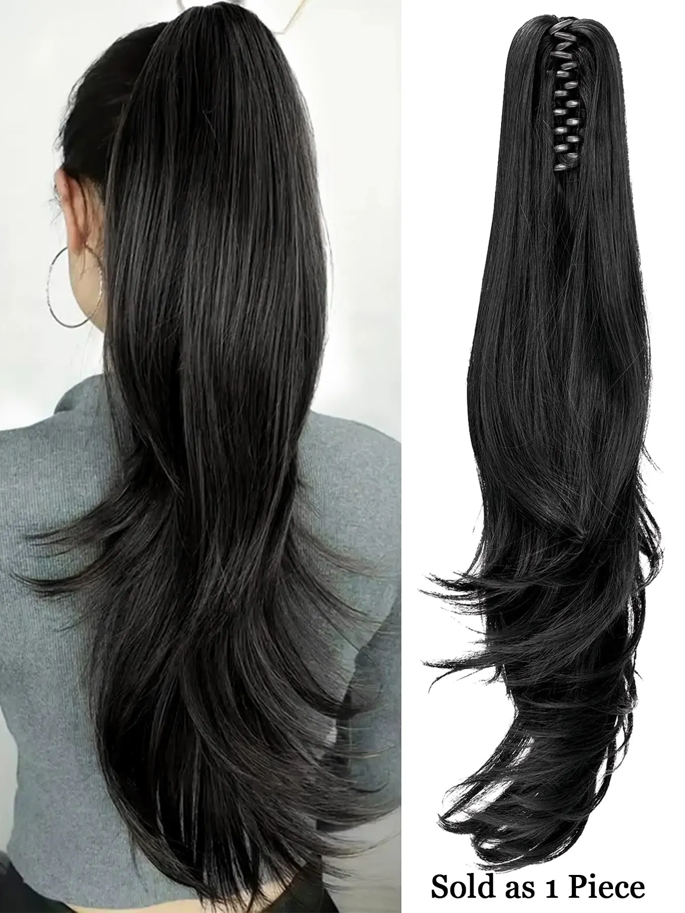 Long Straight Claw Clip Ponytail (Black), 22 Inches Straight with Slight Curl at Ends, Synthetic Fiber Women's Ponytail Hair Extension, Clasp-Style Elegant Straight Ponytail, Versatile for Daily Wear and Parties