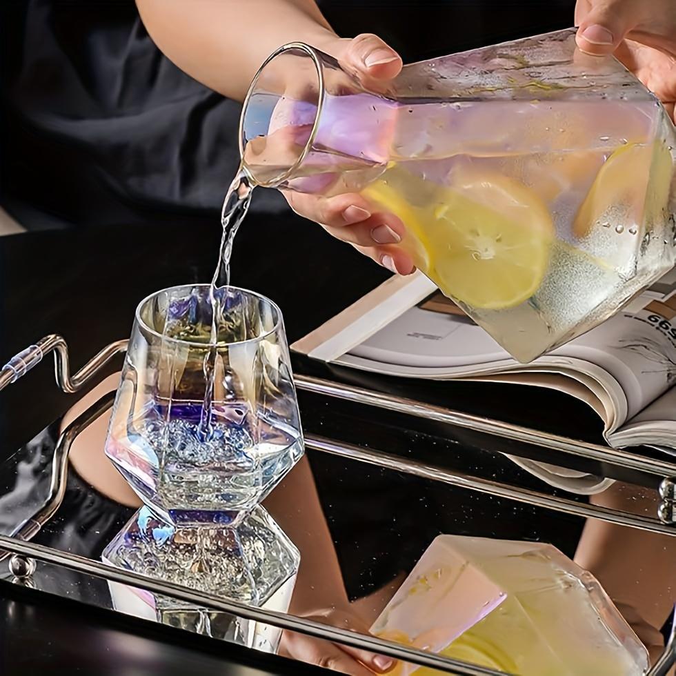 Diamond-Shaped Glass Pitcher and Tumbler Set with Wooden Lid Ball - 5 Piece Modern Water Carafe and Drinking Glasses Bundle for Whiskey, Scotch, Bourbon, Vodka - Elegant Beverage Serving Set