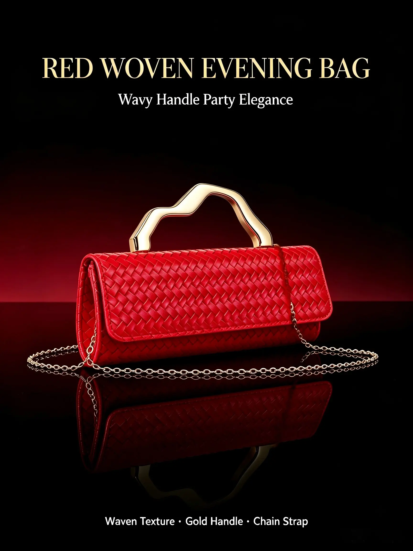 PU Woven Rectangular Evening Clutch, Geometric Metal Handle Handbag, Single Shoulder Crossbody Chain Evening Bag, Elegant Party Accessory