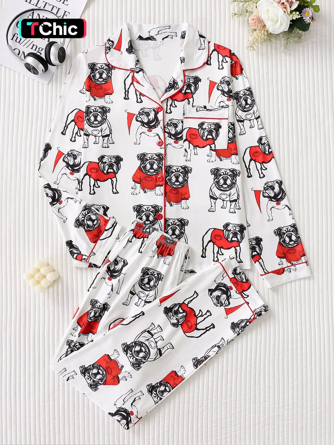Women's Christmas Pajama Set, Cute Bull Dog Print, Soft Skin-Friendly Fabric, Button Front Long Sleeve Top & Elastic Pants, Casual Holiday Sleepwear