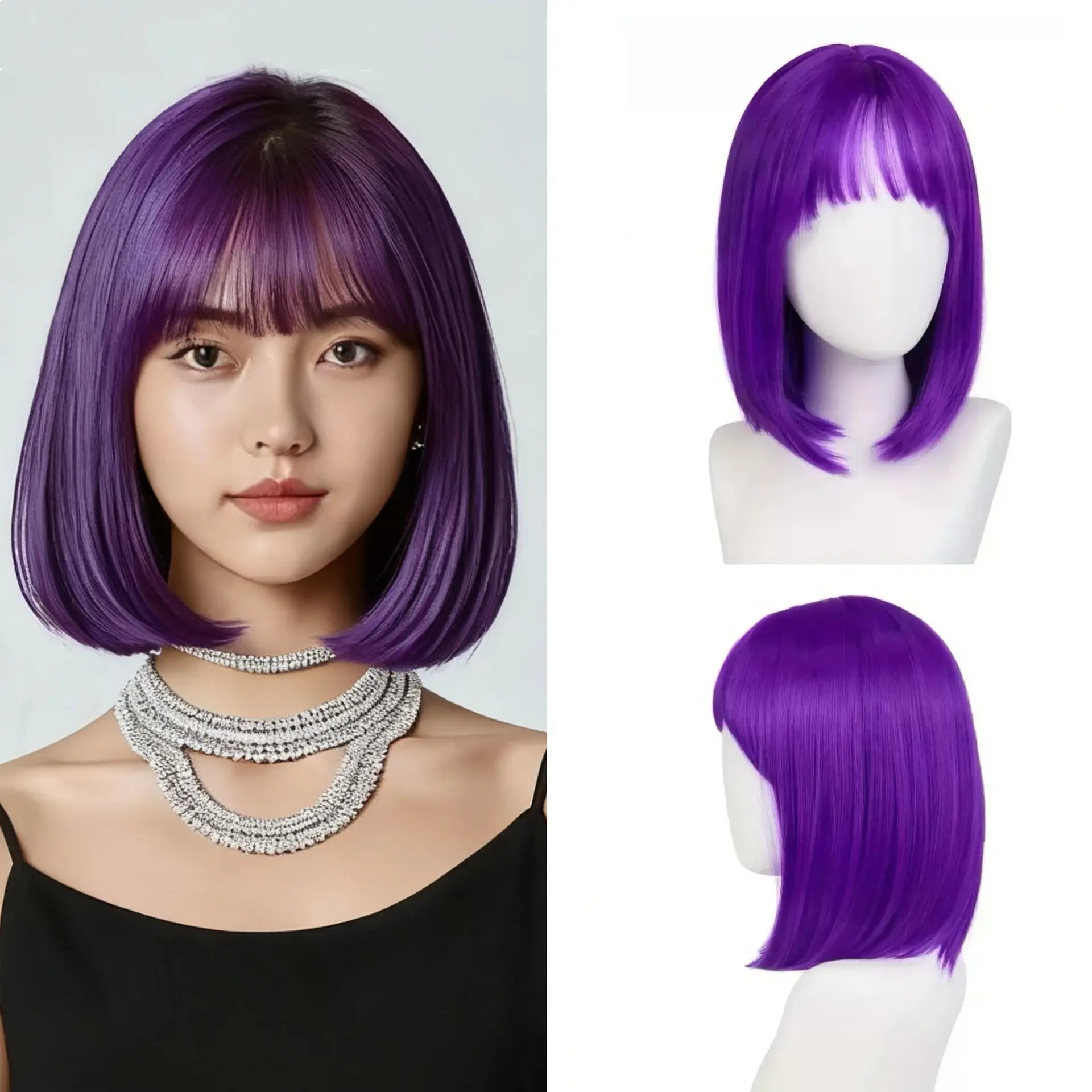 10 Inch Purple Short Bob Synthetic Wig with Bangs, Straight Flat Bangs Bob Wig, Vibrant Purple Full Head Wig, Fashion Cosplay Party Daily Costume Wig for Women