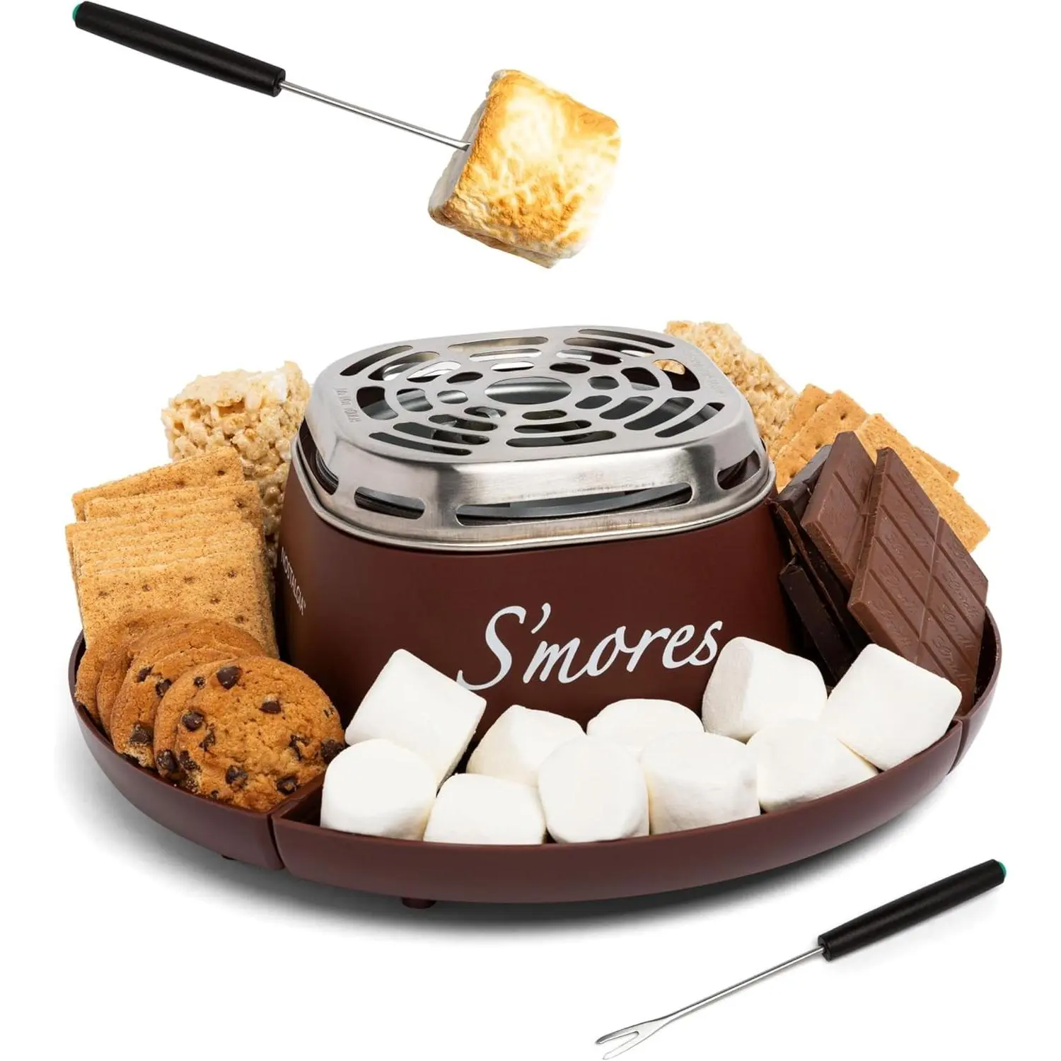 Tabletop Indoor Electric S'mores Maker - Smores Kit With Marshmallow Roasting Sticks and 4 Trays for Graham Crackers, Chocolate and Marshmallows - Great Movie Night Supplies, Brown