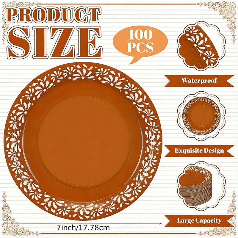 For Holiday Parties & Daily Use, Leak-proof Food Serving & Decoration Solution, 100 Brown Disposable Paper Plates, Mexican Floral Pattern, Food-grade Leak-proof Large Capacity, Effortlessly Create Characteristic Holiday Table, Party Table Decor Supplies For Holiday Parties & Daily Use, Leak-proof Food Serving & Decoration Solution, 100 Brown Disposable Paper Plates, Mexican Floral Pattern, Food-grade Leak-proof Large Capacity, Effortlessly Create Characteristic Holiday Table, Party Table Decor Supplies