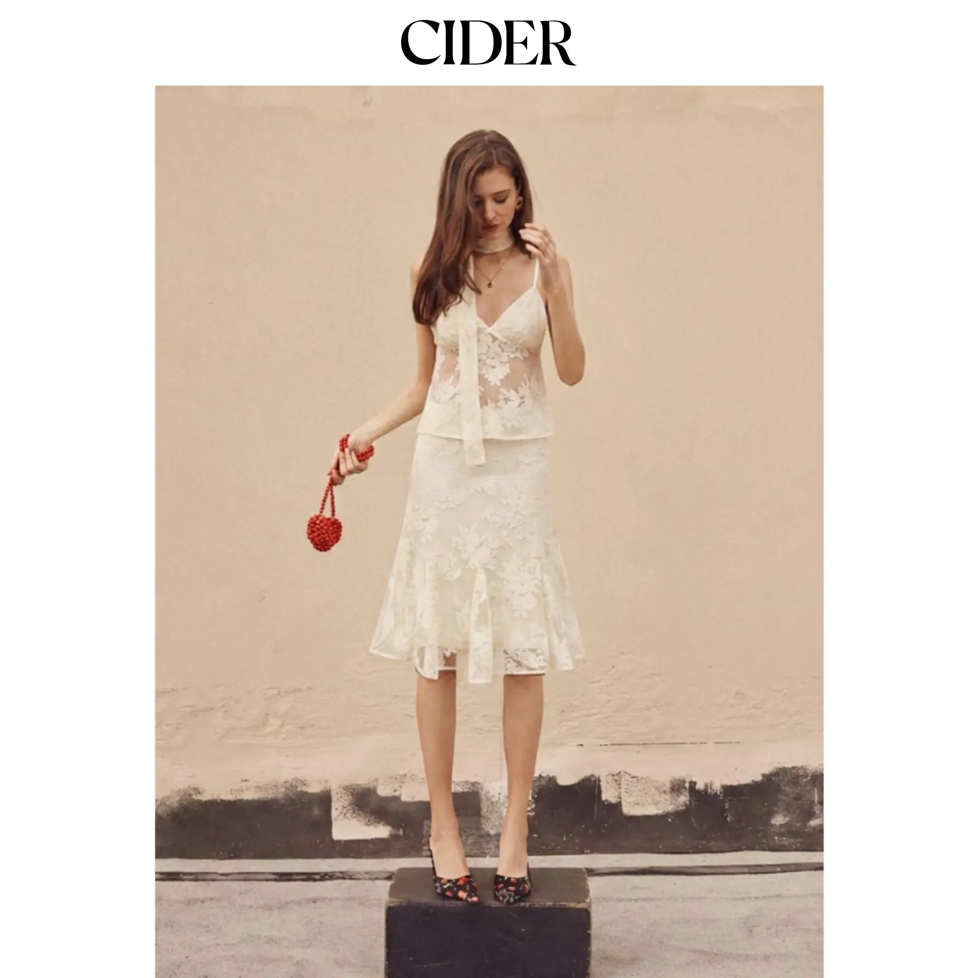 Cider Lace V-neck Cami Top & Mid Rise Midi Skirt Set SohoChic