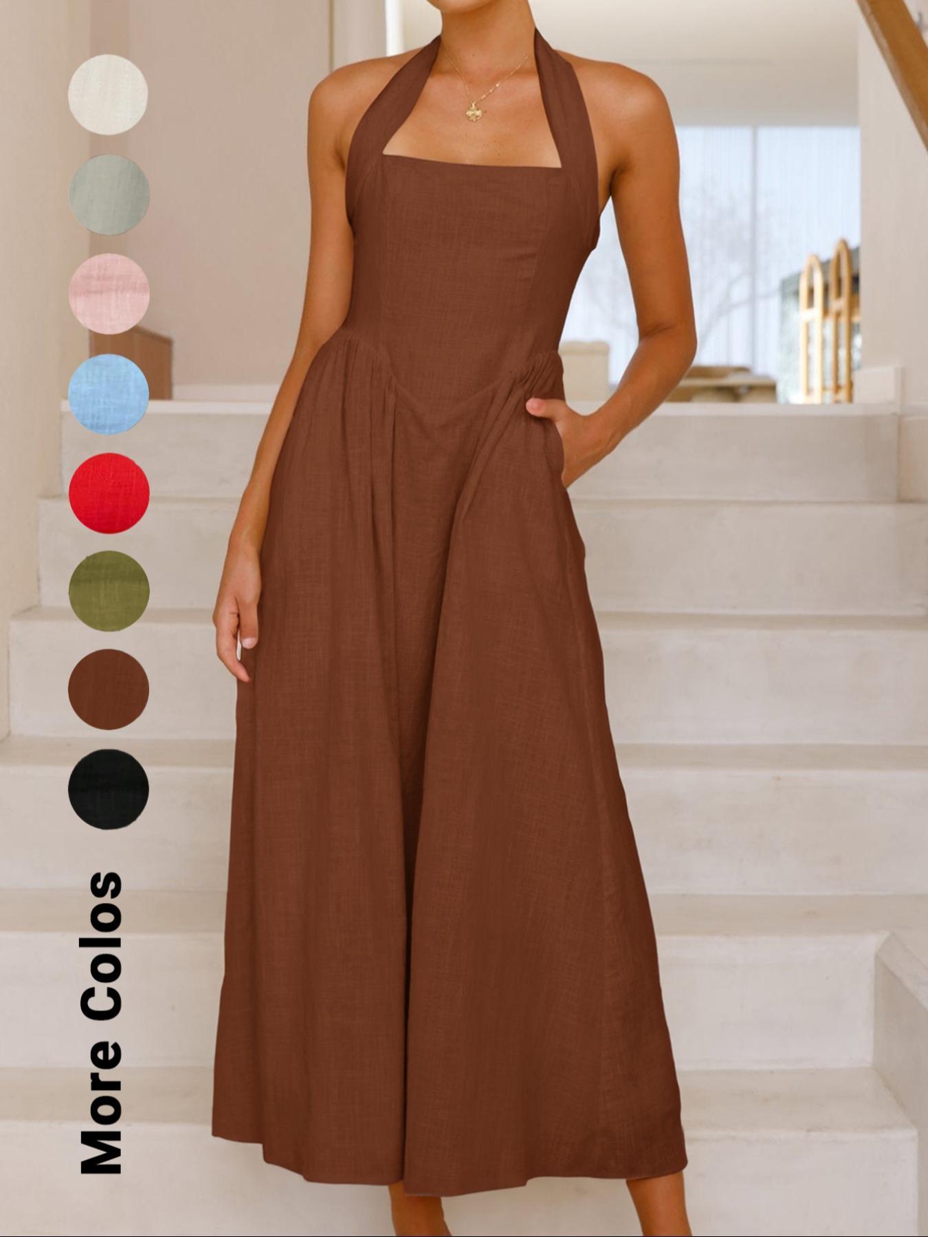 Women's Plain Pocket Zipper Back Dress, Casual Sleeveless Halter Neck A Line Dress for Summer, Ladies Clothes for Beach Holiday, Brunch Dresses, Casual Wear