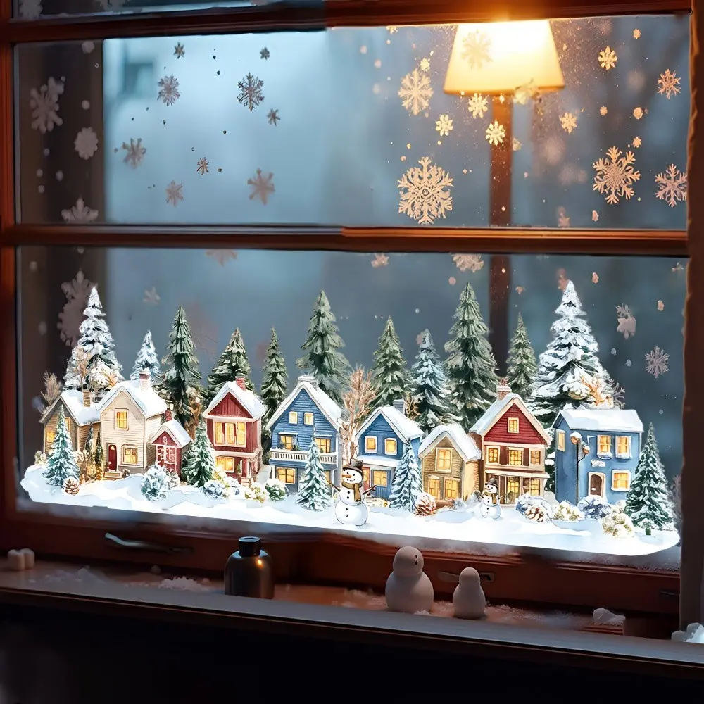 Christmas Static Glass Stickers, Reusable Snowman Pine Tree Design, Festive Window Decorations, No Glue Needed, Home & Shop Use