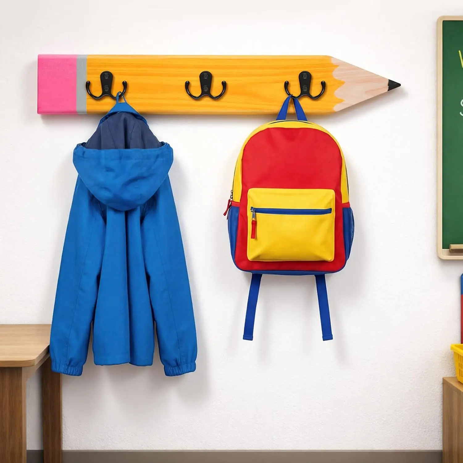 RattanView 15.7'' x 3.15'' Classroom Wall Mount Coat Rack Pencil Shaped Wooden Backpack Hanger Rail with 3 Hooks Decorative Heavy Duty Back to School Organizer for Dorm Hanging Backpack Hats Clothes
