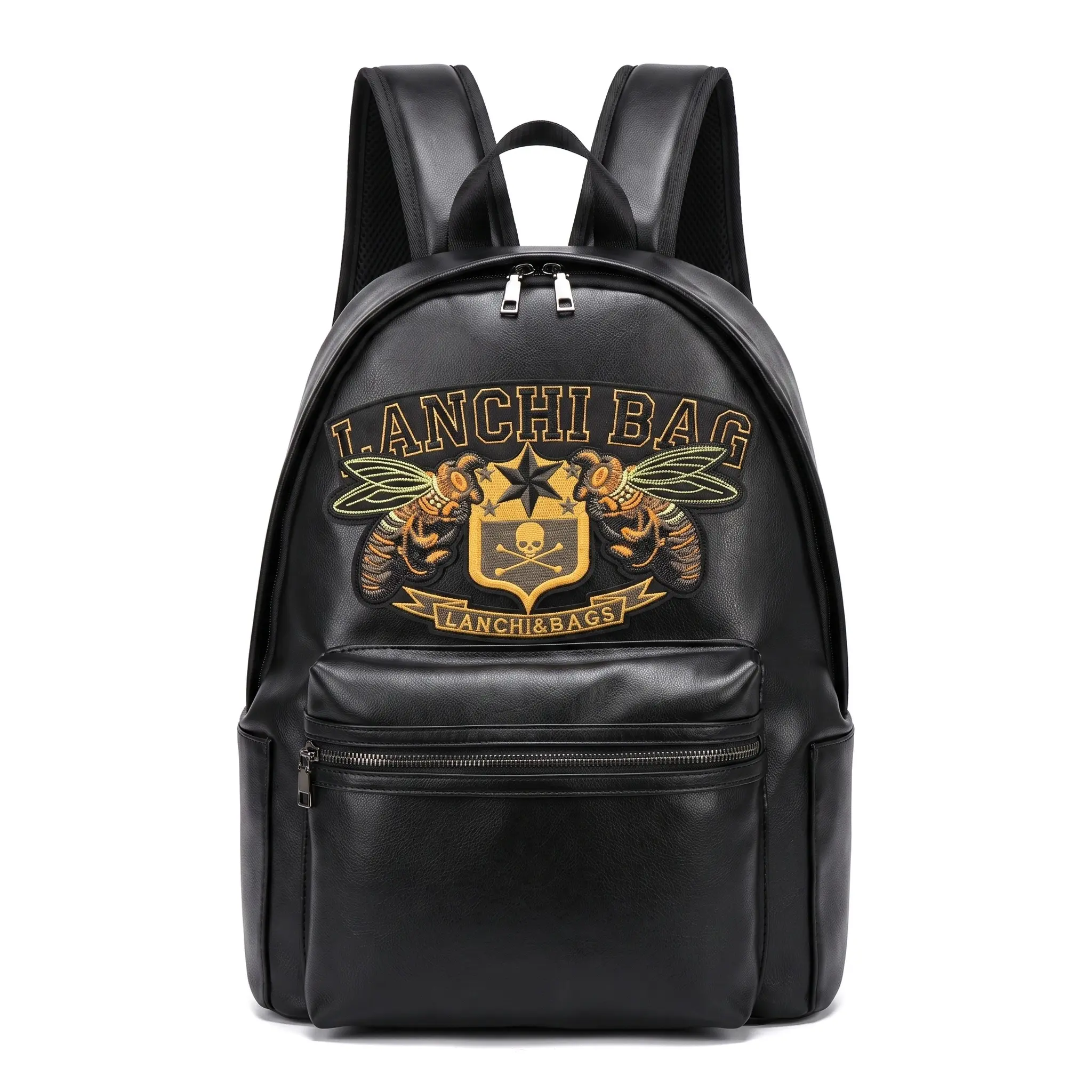 Waterproof Commuter Backpack For Men Unisex Business Casual PU Leather 14 Inch Laptop Bag Simple Stylish Embroidered Bee Design Soft Surface Durable Travel Daypack Office School Everyday Essential