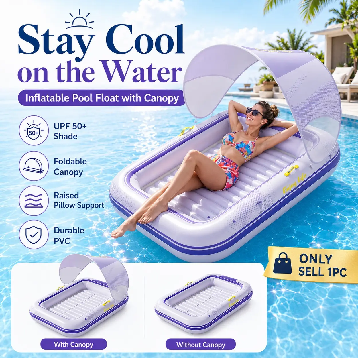 Inflatable Pool Float with Canopy, Inflatable Water Lounger, 173x110cm/68x43in Adult Sunshade Lounger Raft, Heavy Duty Foldable PVC Floating Bed with Cup Holder, UV-Resistant Shade Cover for Beach, Lake, Pool Party, Outdoor Relaxing