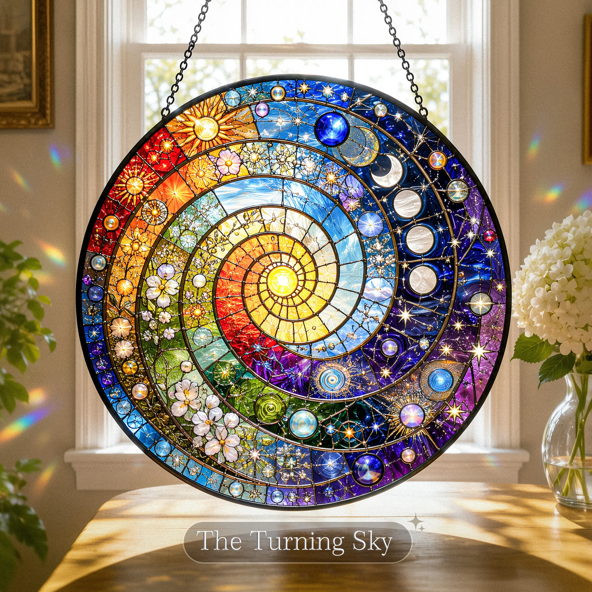 Celestial Stained Glass Suncatcher Window Hanging, Sun Moon Stars Galaxy Window Decor, Colorful Home Decor Gift
