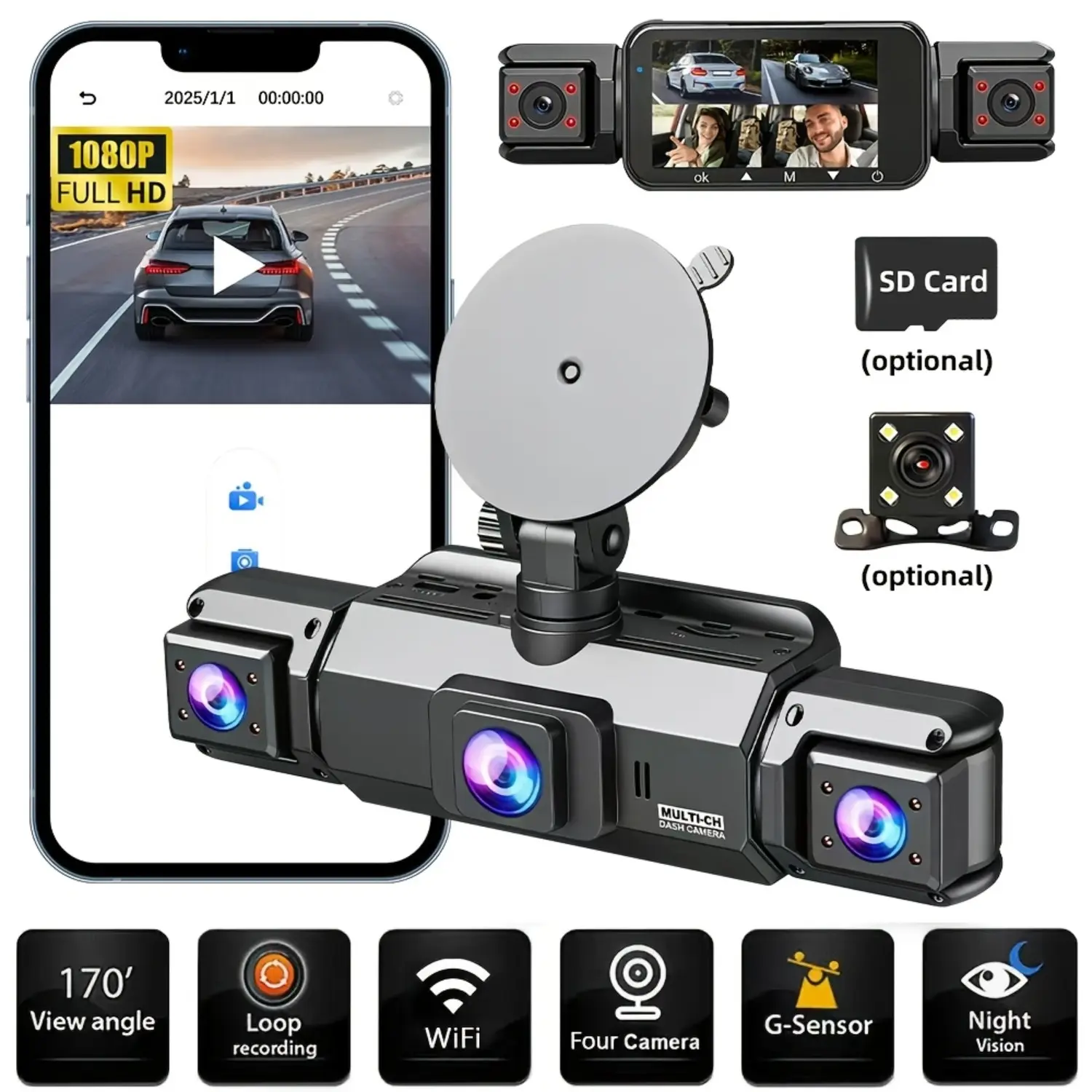 4 Channel FHD 1080P Dash Cam for Cars, 360° WiFi Car DVR Recorder, Front Rear Inside Cameras, IR Night Vision, Loop Recording, 3.0" IPS Screen, Optional 64GB Memory Card