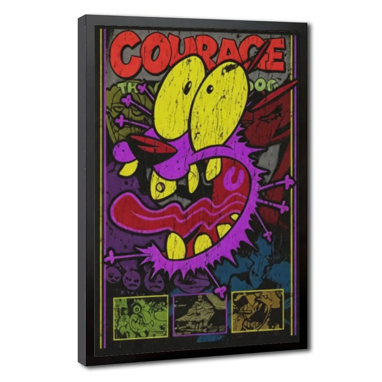Vintage Distressed Courage The Cowardly Dog Framed Poster, Retro Graffiti Style Cartoon Wall Art Print, Colorful Horror Nostalgic 90s Animation Decor For Bedroom Game Room, Fun Gift For Fans Of Classic Old Cartoon Network Series