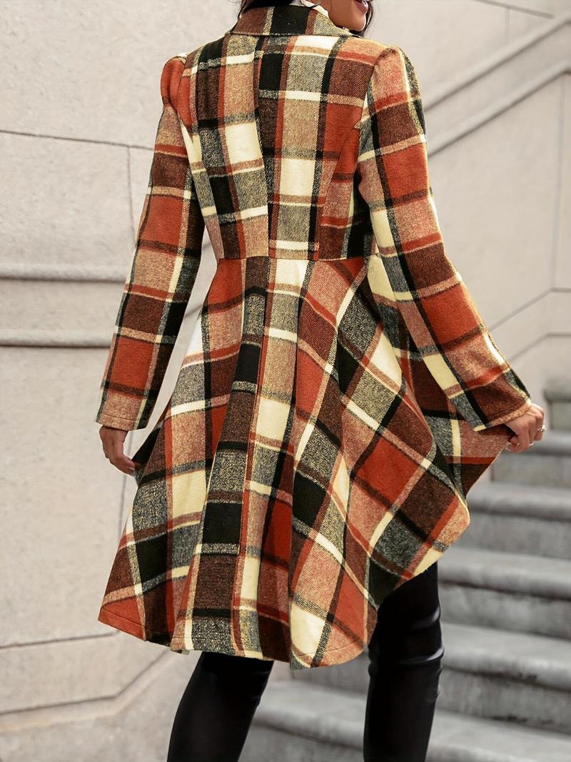 Women's Plaid Print Button High Low Hem Jacket, Casual Long Sleeve Lapel Neck Open Front Outerwear for Fall & Winter, Ladies Clothes for Daily Wear Women's Plaid Print Button High Low Hem Jacket, Casual Long Sleeve Lapel Neck Open Front Outerwear for Fall & Winter, Ladies Clothes for Daily Wear