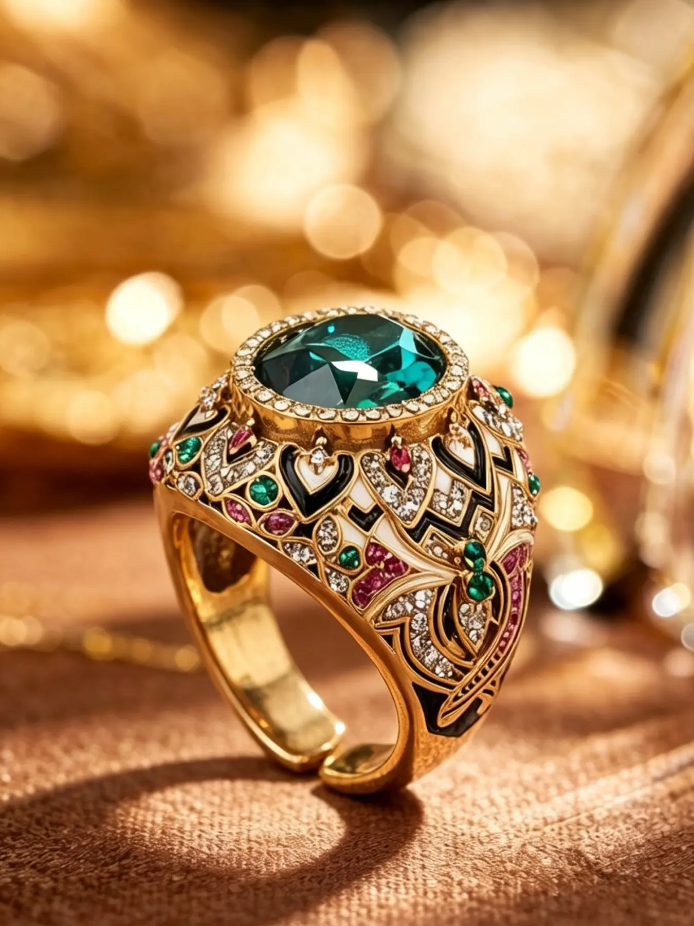 A vintage antique gold court style ring, featuring large emerald as the main stone, paired with colorful gemstones and enamel carvings, suitable for dinners, parties, or vintage outfits.