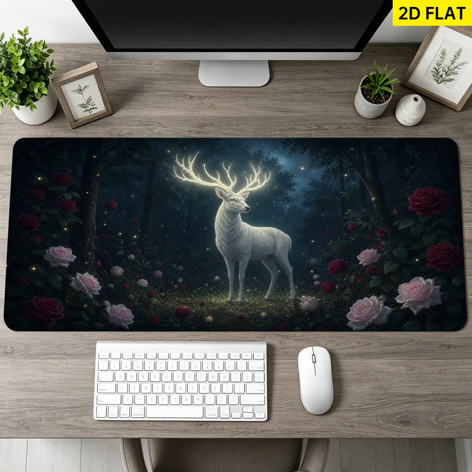 Extra Large Glowing White Deer And Roses Mouse Pad,Non Slip Rubber Pad,Desktop Decoration Drotection Pad,Washable,Lock Edge Multi Size,Premium Multipurpose Mousepad For Home,Office,Gift for Family and Friends