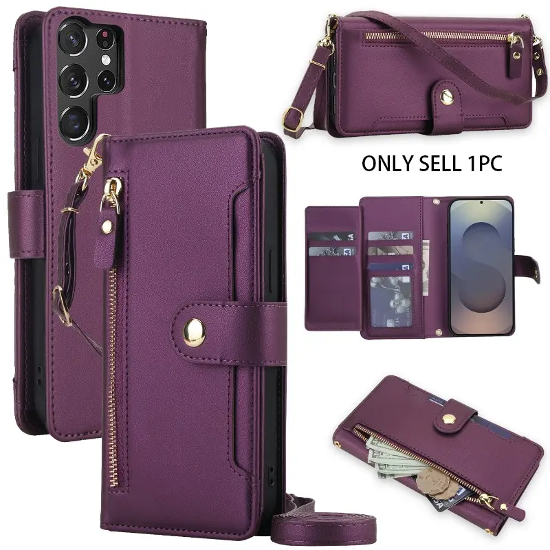 PU leather simple solid color cellphone phone case suitable for Samsung Galaxy S26Ultra S25/S24/S23Ultra Plus FE women's crossbody wallet phone case, RFID shielding, zipper handbag style, flip cover protective case, card slot, wristband hanging rope