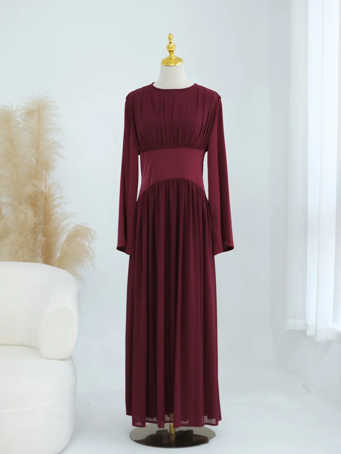 New Muslim Women's Round Neck Long Sleeve Chiffon Dress, Back Belted Waist Flowy Long Abaya, Casual Daily Party Conservative Dress