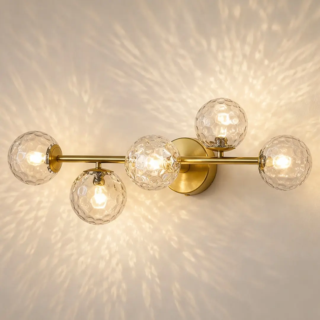 ARCH Modern 5-Light Gold Brushed Brass Bathroom Vanity Light Fixture with Hammered Clear Globe Glass Shades, 27.56 Inch Wide LED Wall Sconce, 3CCT Dimmable, for Mirror, Kitchen, Dining Room, Hallway, Gold Color Options, Metal Material