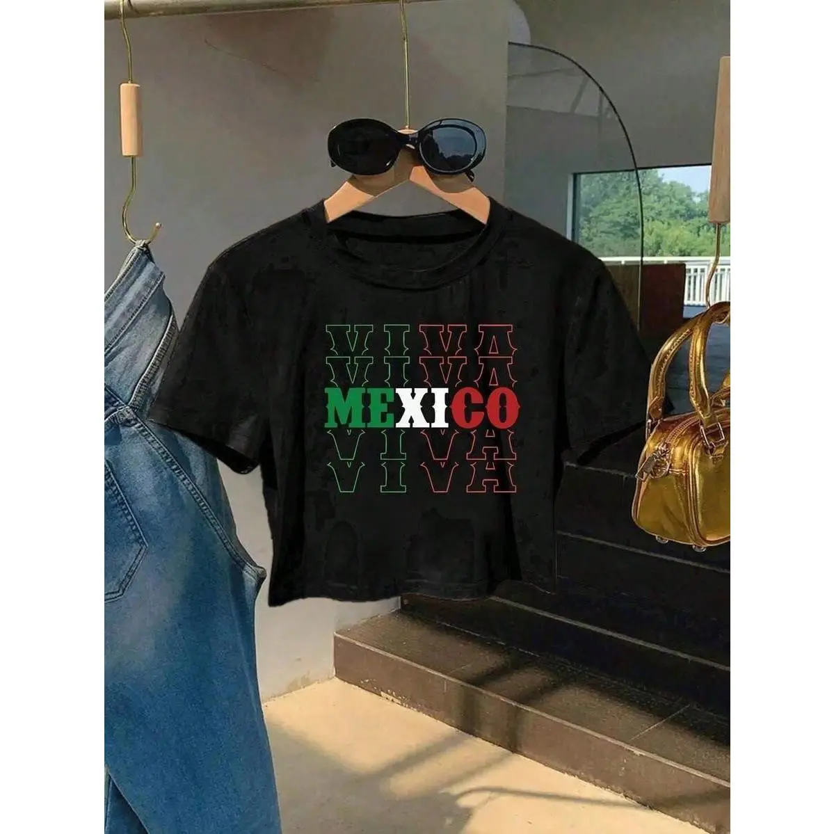 Lady's Vibrant Mexico Graphic Slim Crop Top T-Shirt - Casual Round Neck, Shortsleeve, Spring/Summer Sports Top, Machine Washable, Comfortable Fabric, Bold "VIVA" Print in Green, Red, Yellow & Blue, Tshirt