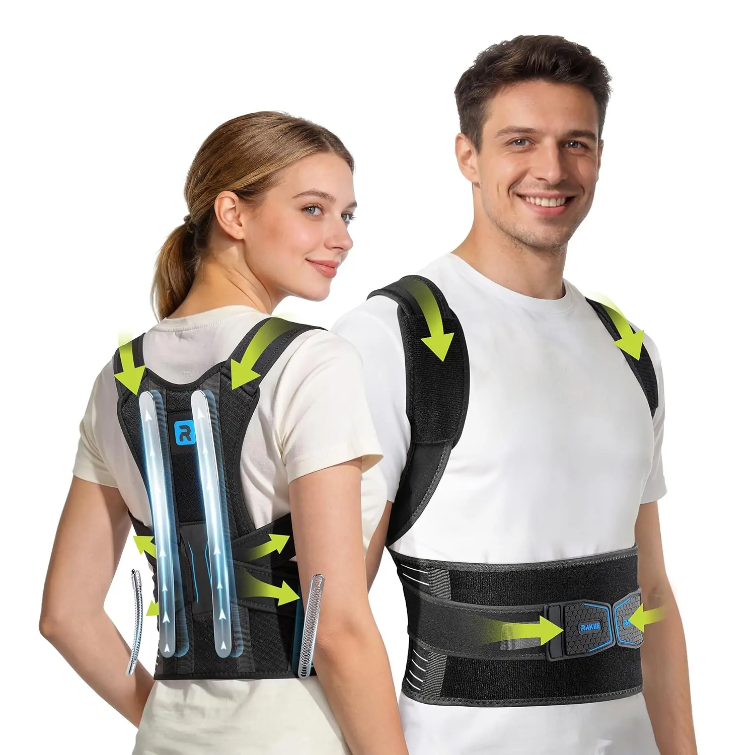 outdoor sports Rakiie Posture Corrector for Women Men, 4 Back Support Brace Bars, Adjustable Shoulder Straightener with Cushioned P for Hunchback, Round Shoulders, Back Pain Relief, Blue XL