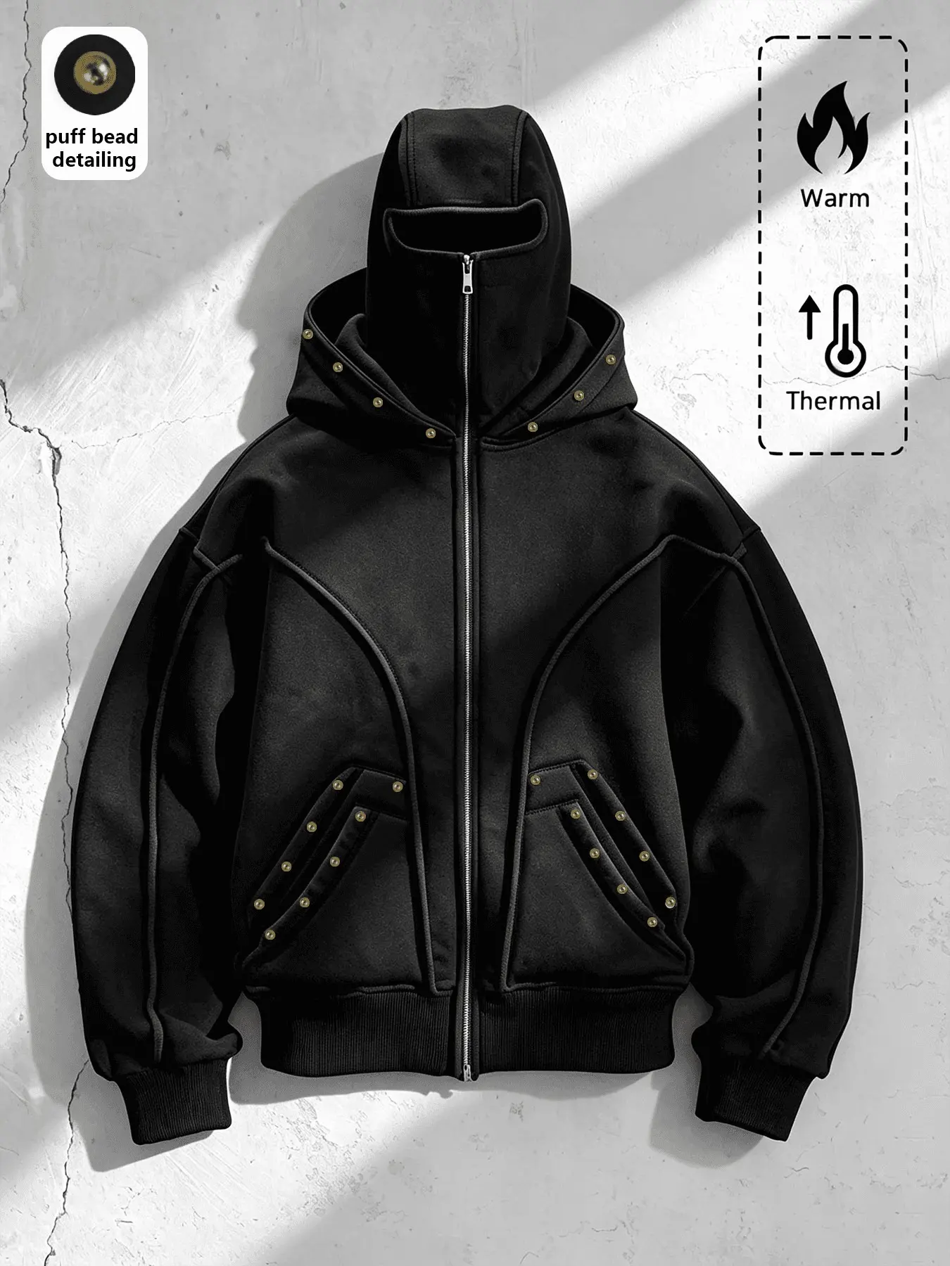 Dark Functionality Rivet Balaclava Hoodie, Unisex Long Sleeve Street Style, Fall Winter Warmth, Dual Hoods, Zip Pockets, High Fashion