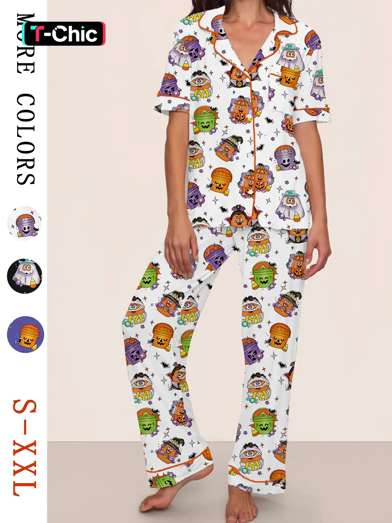 Women's Halloween Ghost Pumpkin Pajamas Set, Halloween Loungewear, Short Sleeve Long Pants, Casual Fitted Thin Fabric, Perfect Party Gift for Autumn Winter