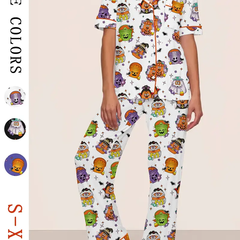Women's Halloween Ghost Pumpkin Pajamas Set, Short Sleeve Top & Pants, Casual Fitted Thin Fabric Loungewear Nightwear, Perfect Party Gift for Autumn & Winter
