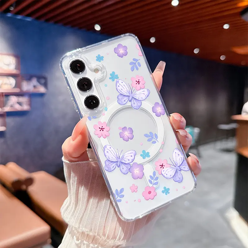 Butterflies and Flowers a Delicate Spring Scene Hot HD Clear Shockproof Transparent Acrylic Magnetic Printed for Samsung Galaxy S26 S25 S24 S23 S22 S21 S20 Fe Plus Ultra Edge S10E A57 A56 A55 A54 A37 A36 A35 A34 A26 A25 A24 A23 A17 A16 A15 A14 A07 A06 A05