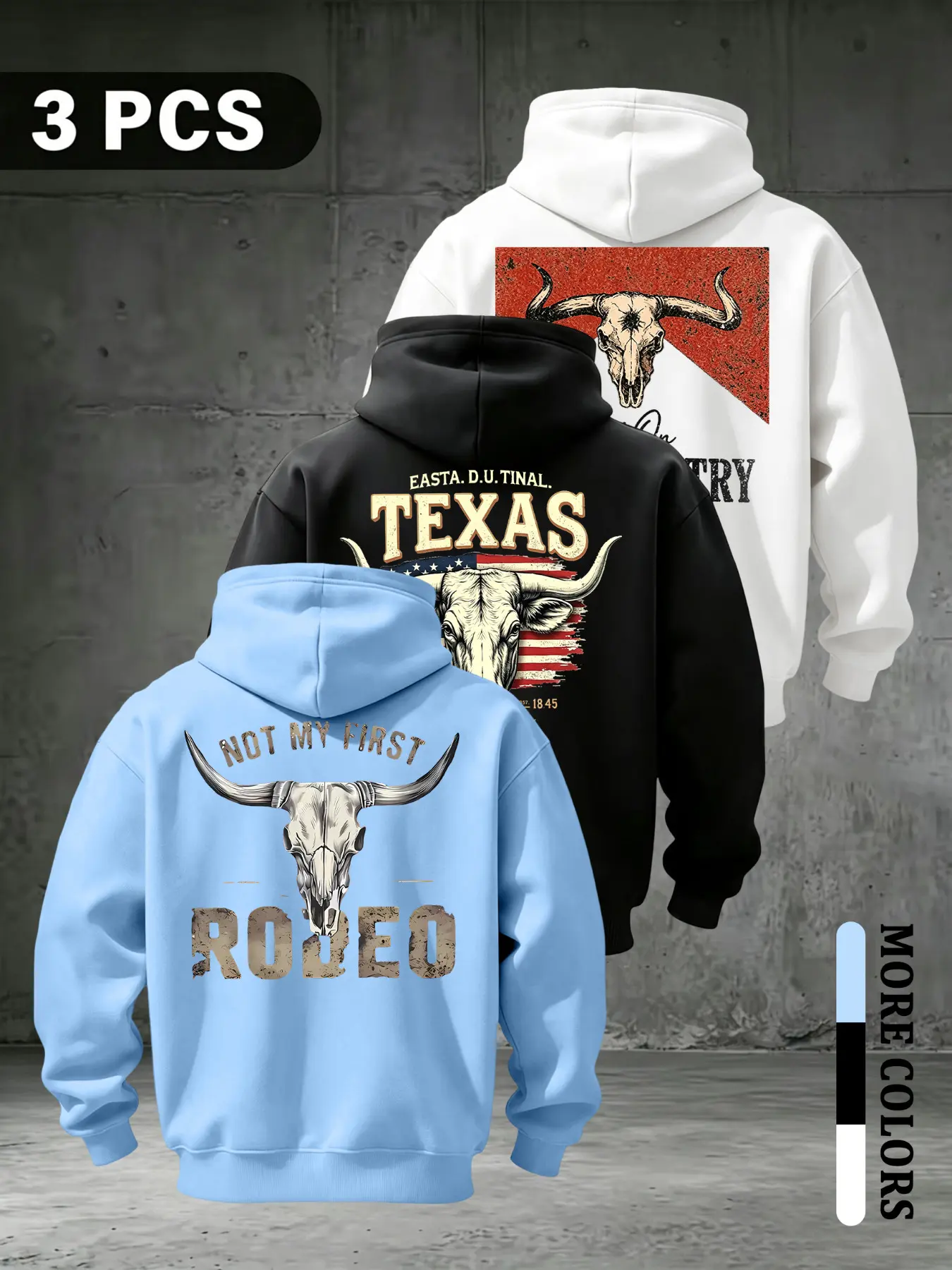 American Vintage Western Cowboy Texas Bull Skull Graphic Print Hoodie, Distressed Letter Loose Fit Men's Casual Sweatshirt, Fall & Winter