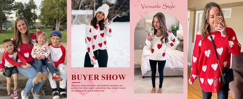 Saodimallsu Womens Cute Love Heart Print Sweaters Oversized Off The Shoulder Loose Knitted Valentine Pullover Blouse Top