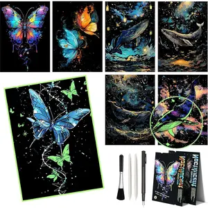 8 Sheets Glow in The Dark A4 Scratch Art Paper, Noctilucent Rainbow Engraving Scratchboard with Pen & Cleaning Brush, ASMR Relaxing Sketch Card for Teens & Adults, Butterfly/Dolphin Patterns