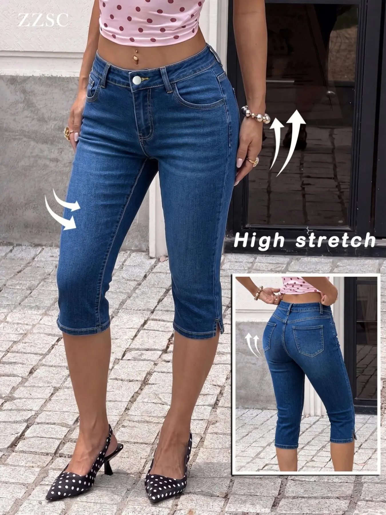 Deep Blue Washed High-Waisted Stretch Side Slit Denim Jeans Capri Pants Bottom for Women, Slim Fit Skinny Leg, Spring Summer Casual Fashion