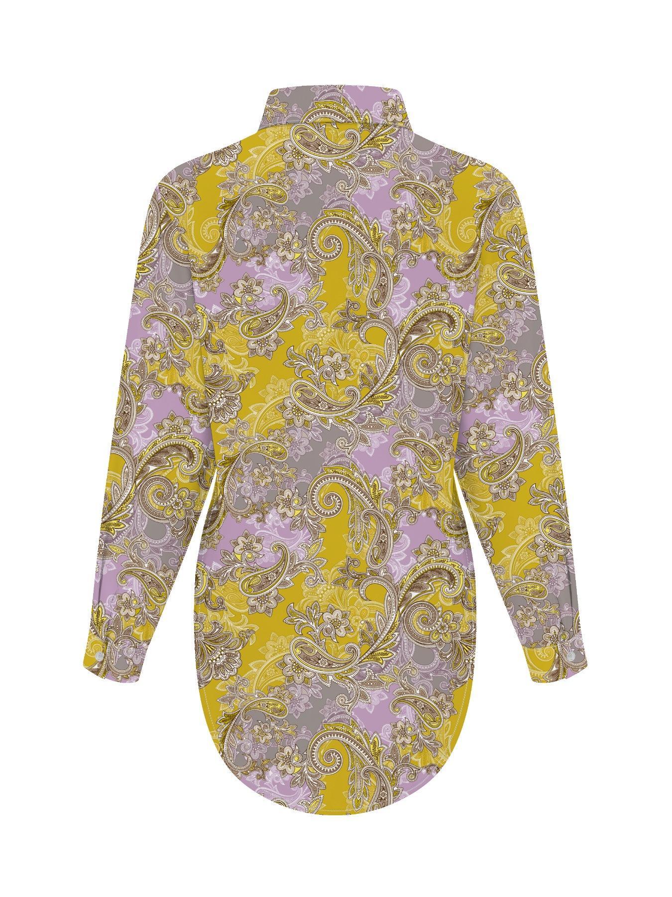 Women's All Over Print Split Hem Shirt, Casual Boho Blouses, Casual Long Sleeve Collared Top for Spring, Ladies Clothes for Daily Wear