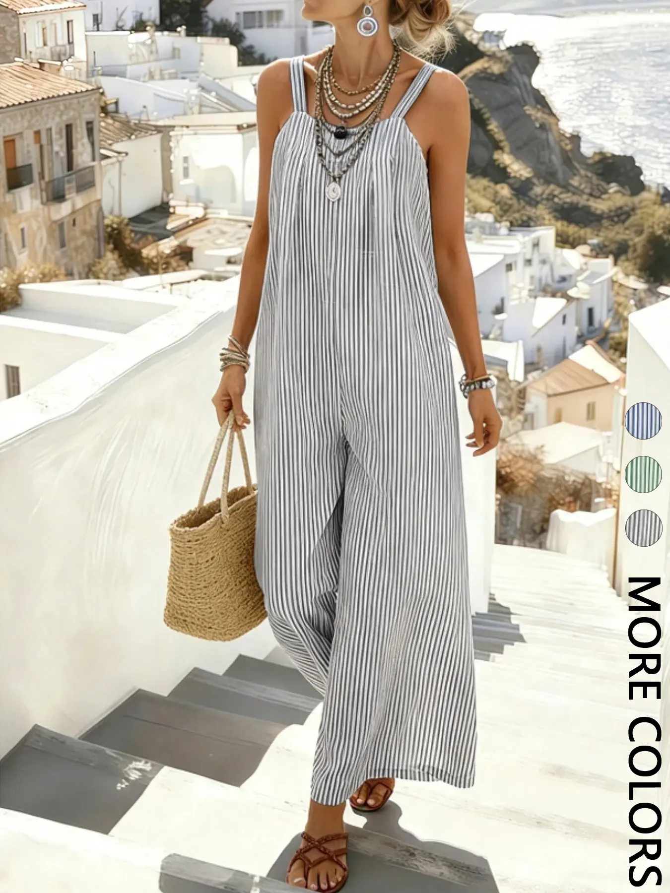 1 Piece Women's Striped Sleeveless Wide Leg Overalls Jumpsuit, Loose Tank Jumpsuit for Summer Beach Vacation