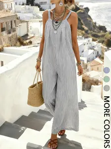 1 Piece Women's Striped Sleeveless Wide Leg Jumpsuit Loose Casual Tank Jumpsuit  for Summer Beach Vacation