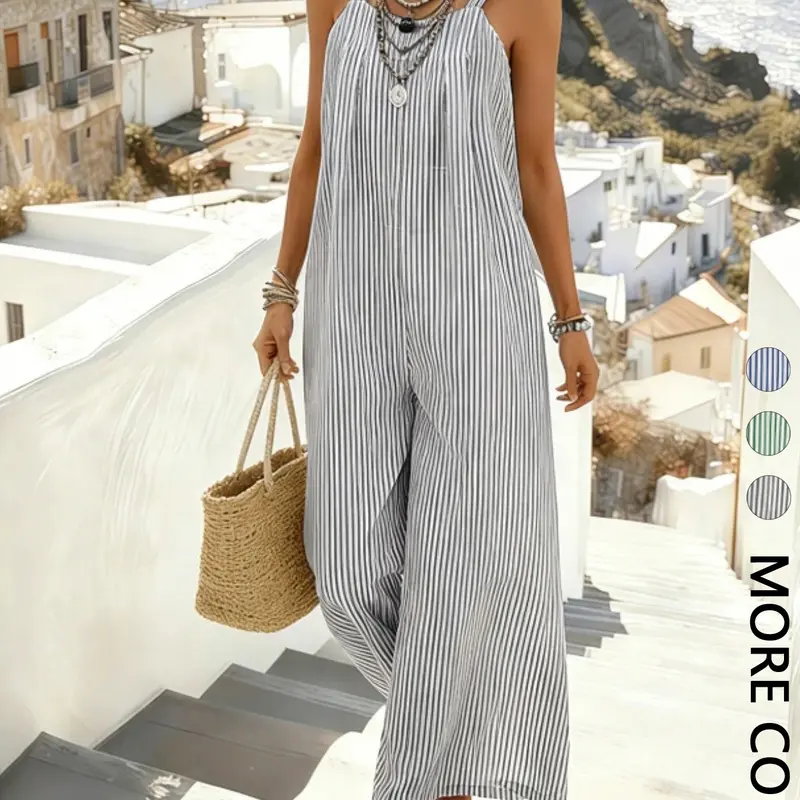 1 Piece Women's Striped Sleeveless Wide Leg Overalls Jumpsuit, Loose Tank Jumpsuit, Casual Palazzo Jumpsuits for Summer Beach Vacation