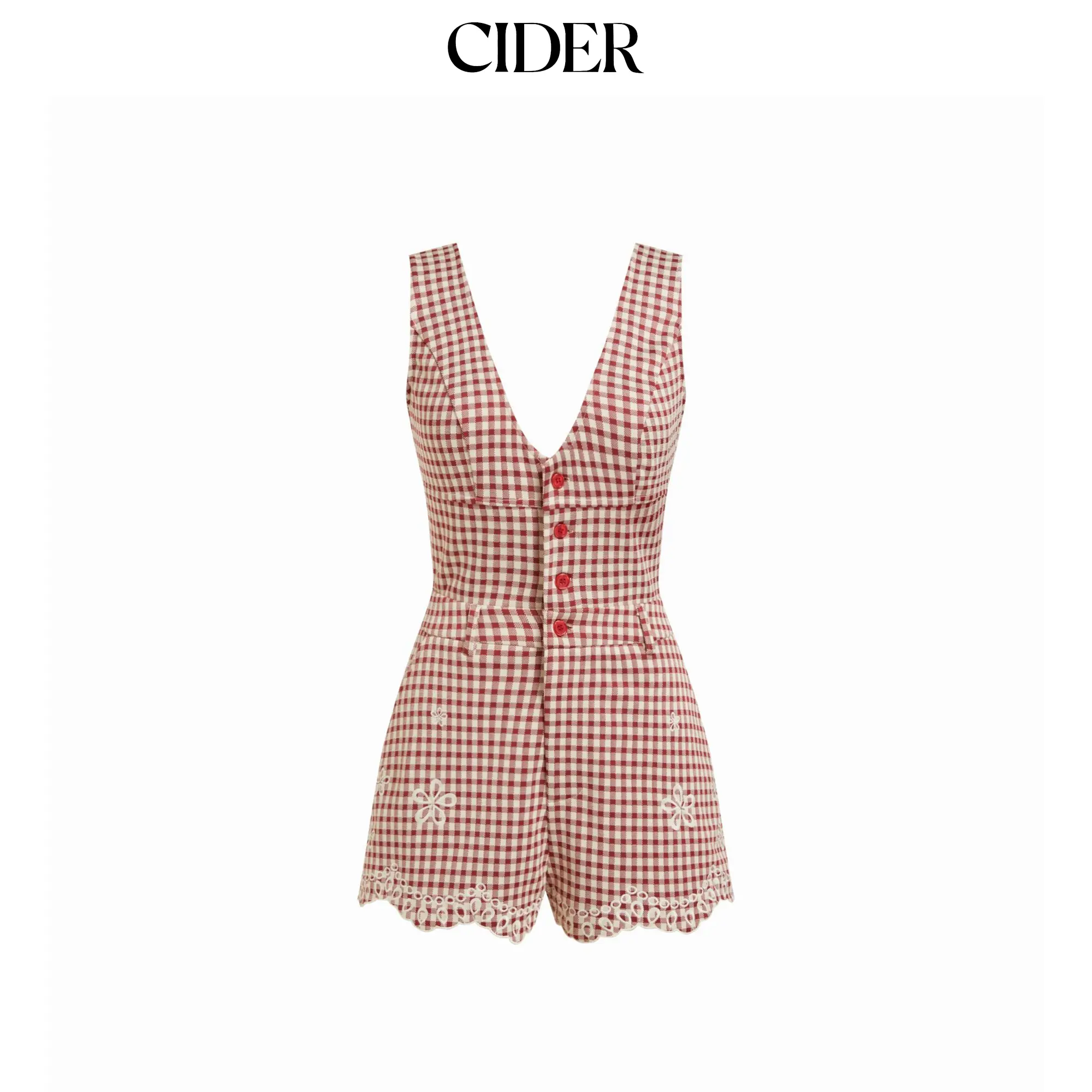 Cider Jacquard Gingham V-neck Floral Embroidery Mid Rise Romper