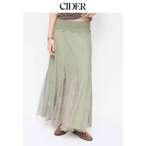 Cider Textured Mid Rise Lace Patched Mermaid Midi Skirt