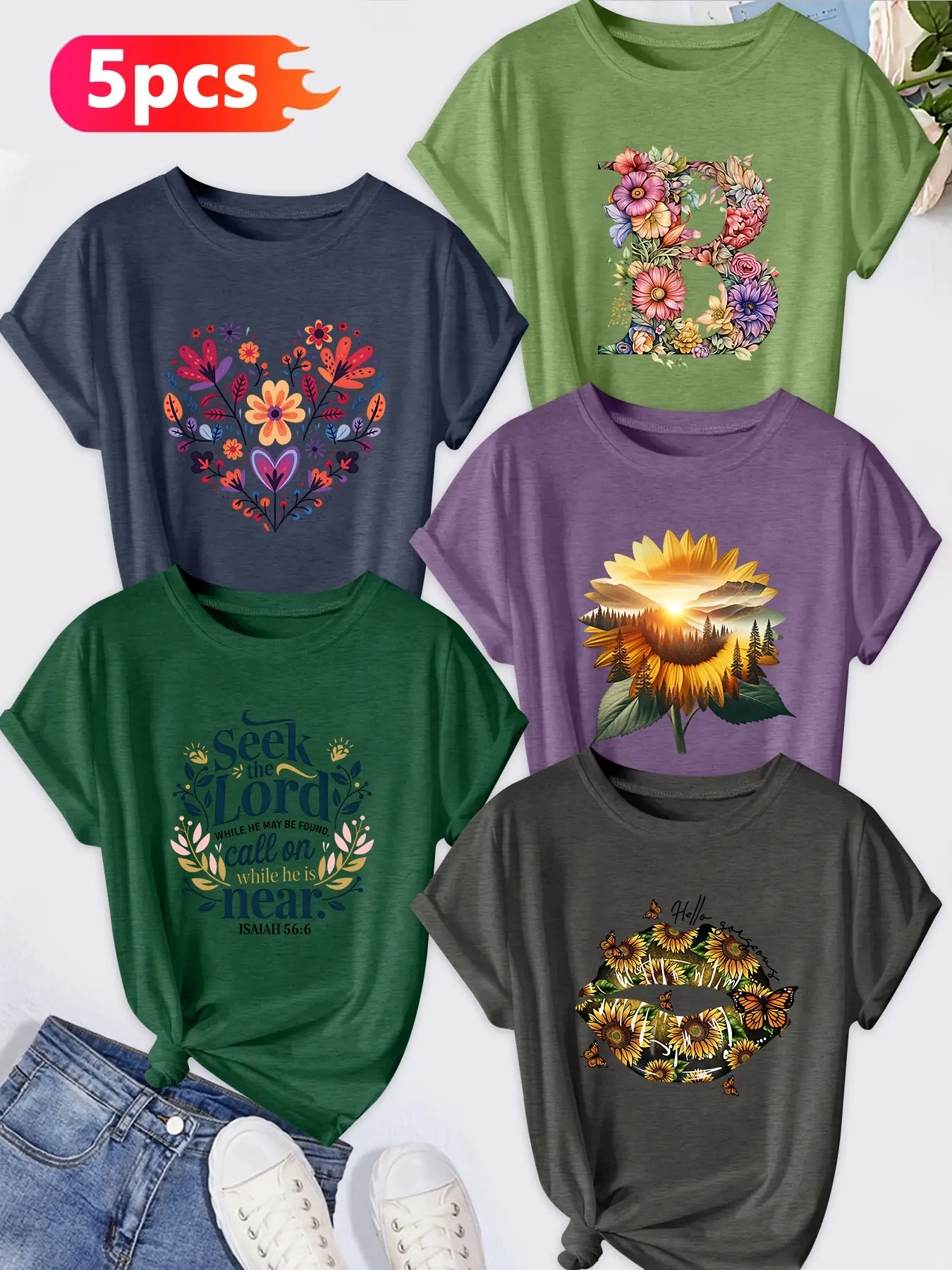 5Pcs Plus Size Women's Crew Neck T-Shirts, Floral Heart Sunflower Scenery Print Pattern, Multiple Colors Available, Machine Washable Spring Summer Tops, Soft Skin-Friendly Fabric, Daily Versatile, Fashion Casual Design, Universal Daily Basic Shirts