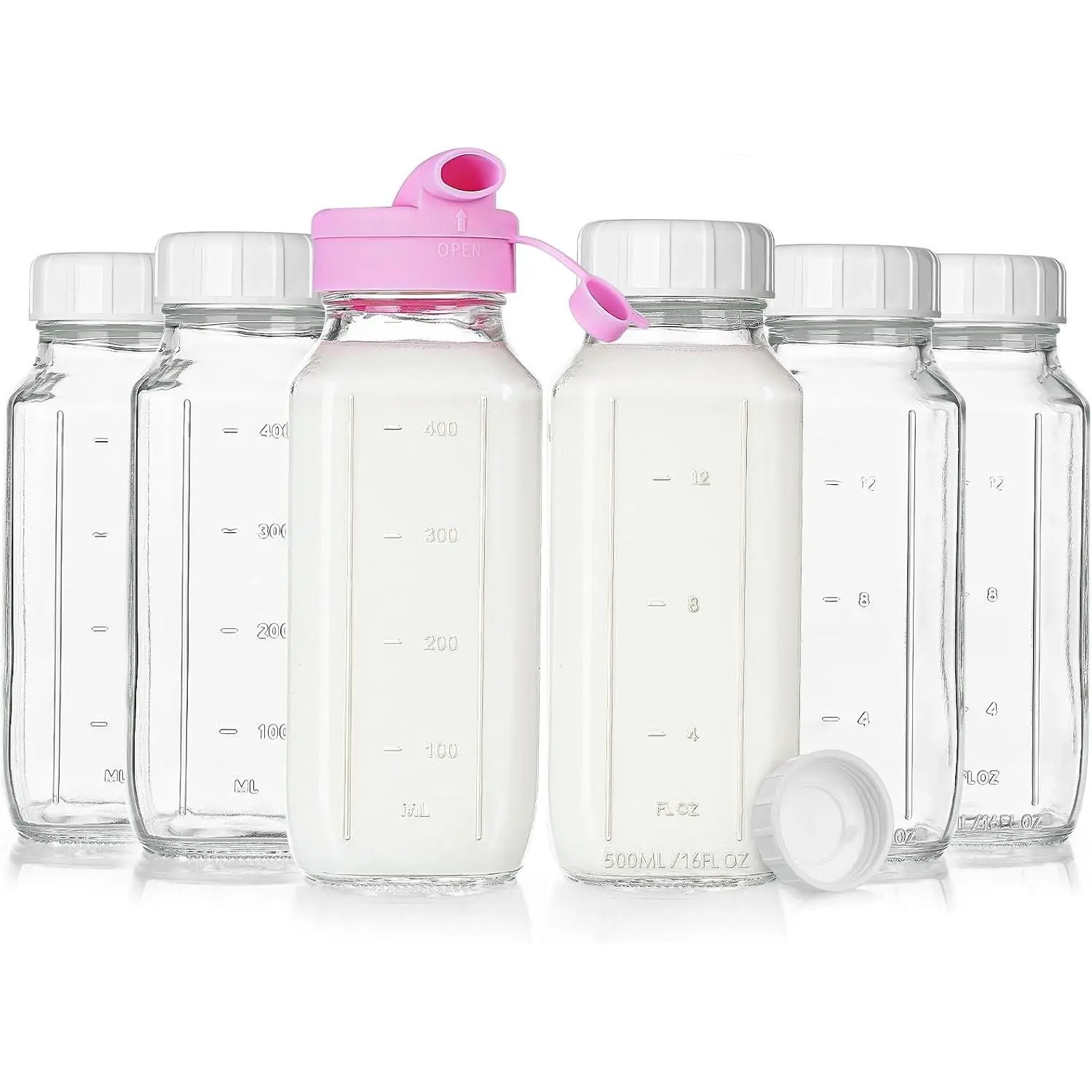 16 Oz Square Glass Milk Bottles with Silicone Caps, 6 Pack Airtight Lids, Scale Mark, for Juicing, Drinking & Breast Milk Storage, Easy to Carry(Gift)