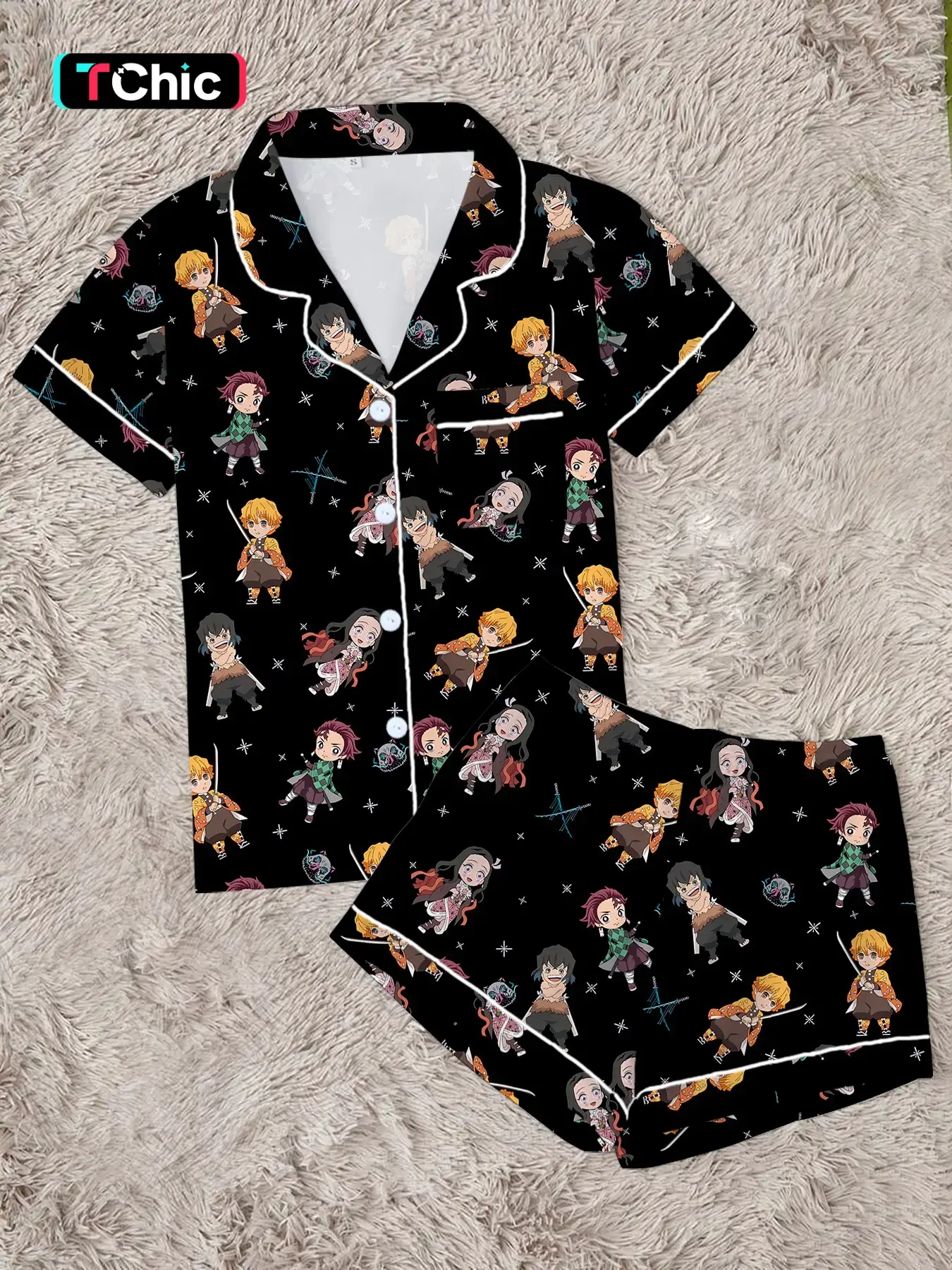Anime Cartoon Women's Pajama Set, Cartoon Print Sleepwear, Comfortable Collared Shirt and Pants, Short Sleeve and Shorts, Party Wear, All Seasons