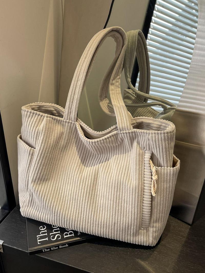 American Minimalist Corduroy Large Capacity Tote, Zipper Side Pocket, Versatile Daily Bag for Work & School