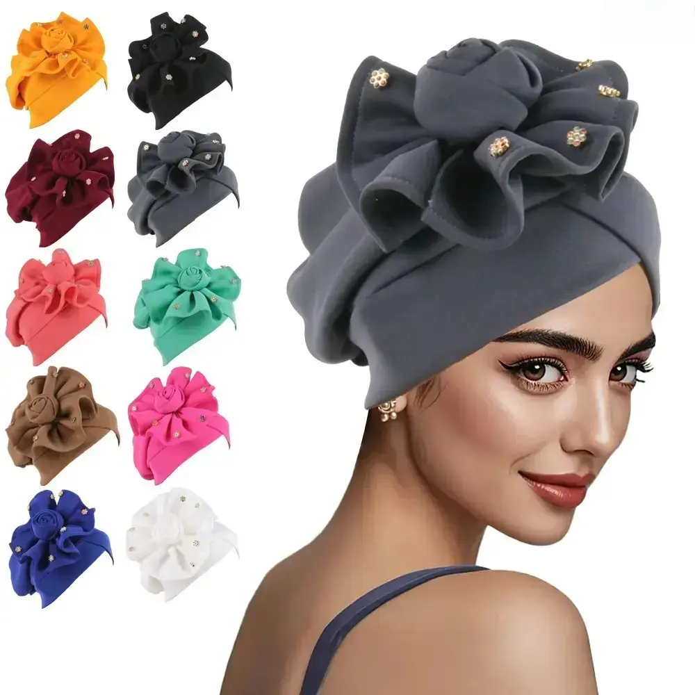 Women's 1-Piece Slip-On Turban with Handmade Roses, Stretch Fabric Head Wrap with Rhinestones, Chemo Cap for Hair Loss, Daily Wear, One-Piece