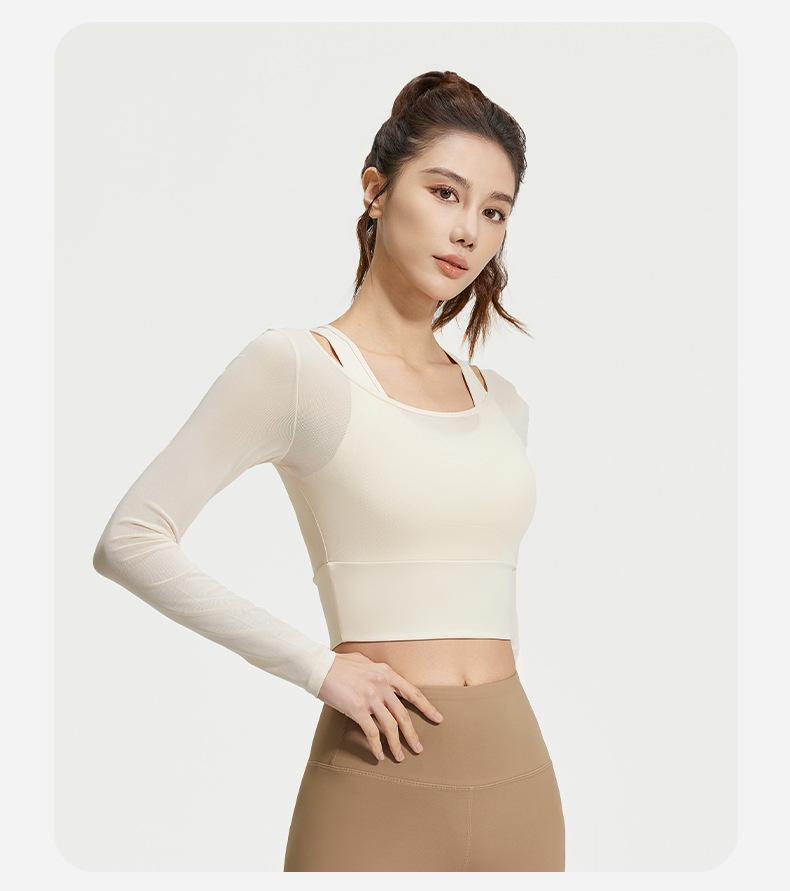 Women's Yoga Outfit for Spring and Autumn, Two-piece with Chest Pads, Long Sleeve Mesh Sheer Sports Top for Pilates Training and Fitness